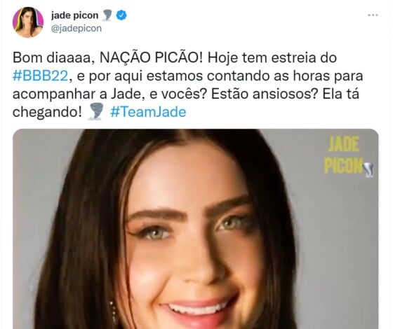 'BBB 22': 'adms' de Jade Picon estão se referindo aos fãs como 'picões' nas redes sociais, além de aderir ao emoji de furacão