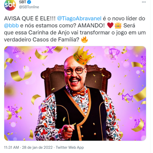 SBT após Tiago Abravanel se tornar líder do 'BBB 22': 'Será que essa 'Carinha de Anjo' vai transformar o jogo em um verdadeiro 'Casos de Família'?'