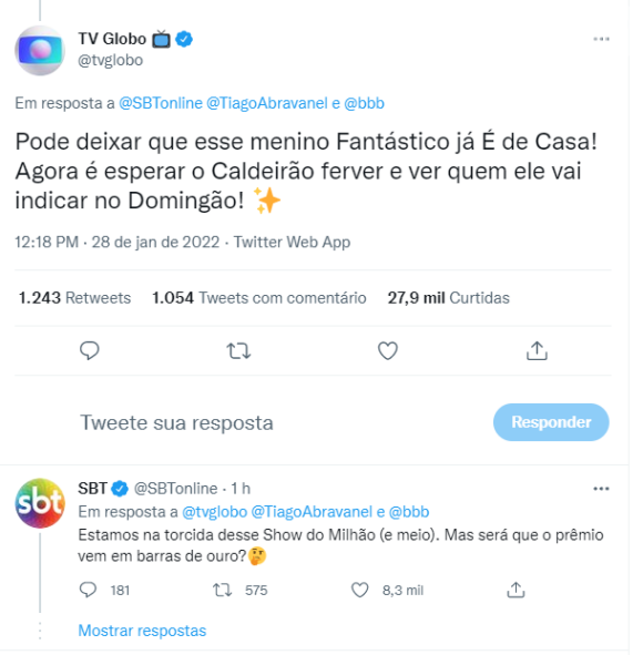 'BBB 22': SBT e Globo protagonizam interação no Twitter após Tiago Abravanel ganhar liderança