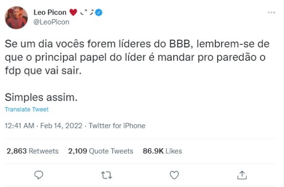 'BBB 22': Leo Picon usou o Twitter para dar sua opinião sobre a indicação de Jade