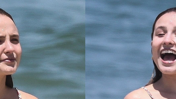 Larissa Manoela elege biquíni com amarrações e exibe corpo enxuto em dia de praia. Fotos!