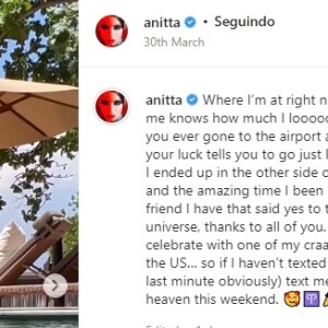 Nas redes sociais, Anitta mostrou o lugar escolhido para comemorar o aniversário