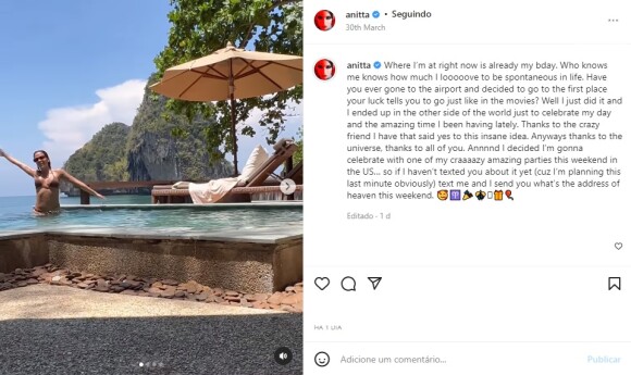 Nas redes sociais, Anitta mostrou o lugar escolhido para comemorar o aniversário