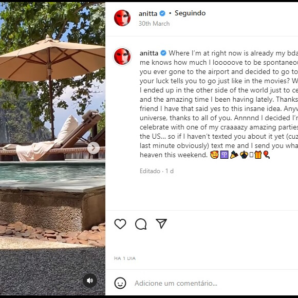 Nas redes sociais, Anitta mostrou o lugar escolhido para comemorar o aniversário