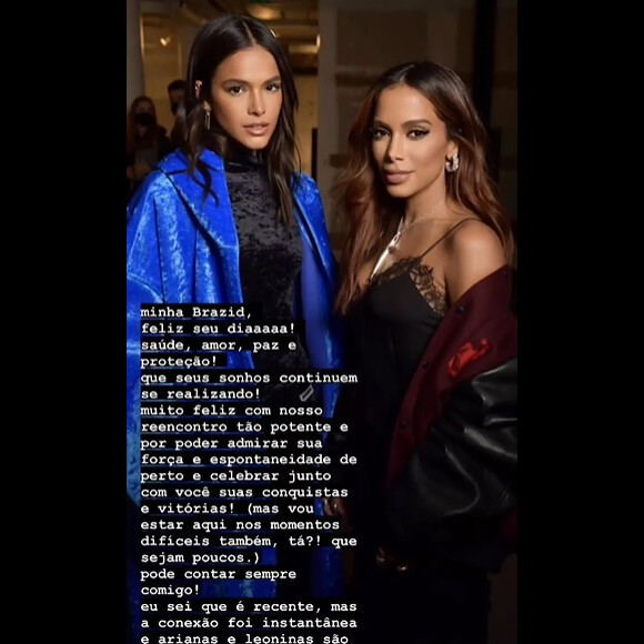 Bruna Marquezine relembrou a volta da amizade com Anitta na homenagem de aniversário à cantora