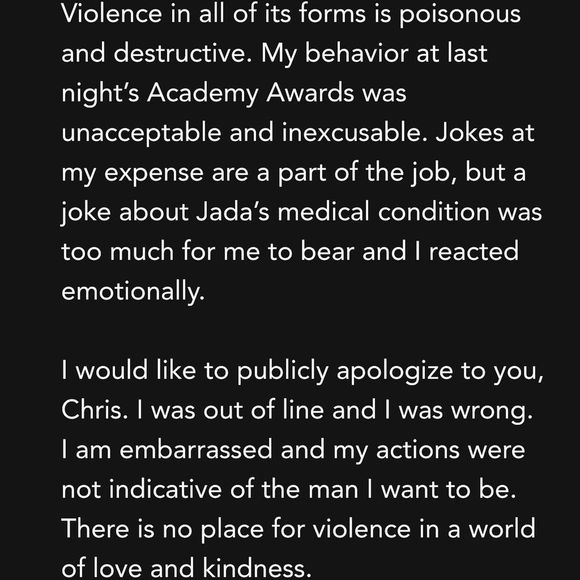 Após o episódio, Will Smith pediu desculpas a Chris Rock