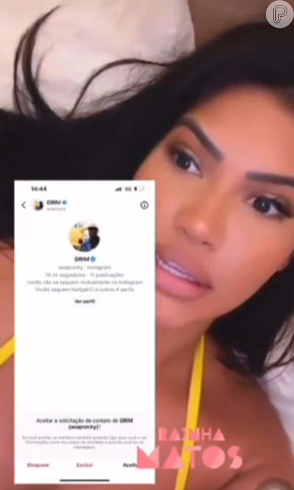 Ayarla Souza publicou prints em que mostra a notificação de solicitação de contato do perfil do A$AP Rocky no Instagram: 'Eu não respondi e ele apagou'