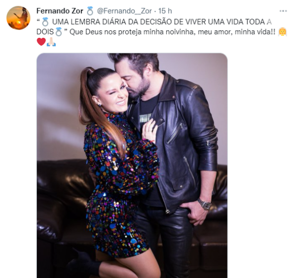 Maiara foi chamada de 'minha noivinha' por Fernando Zor nas redes sociais 