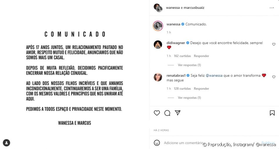 Anúncio de separação foi feito pelas redes sociais