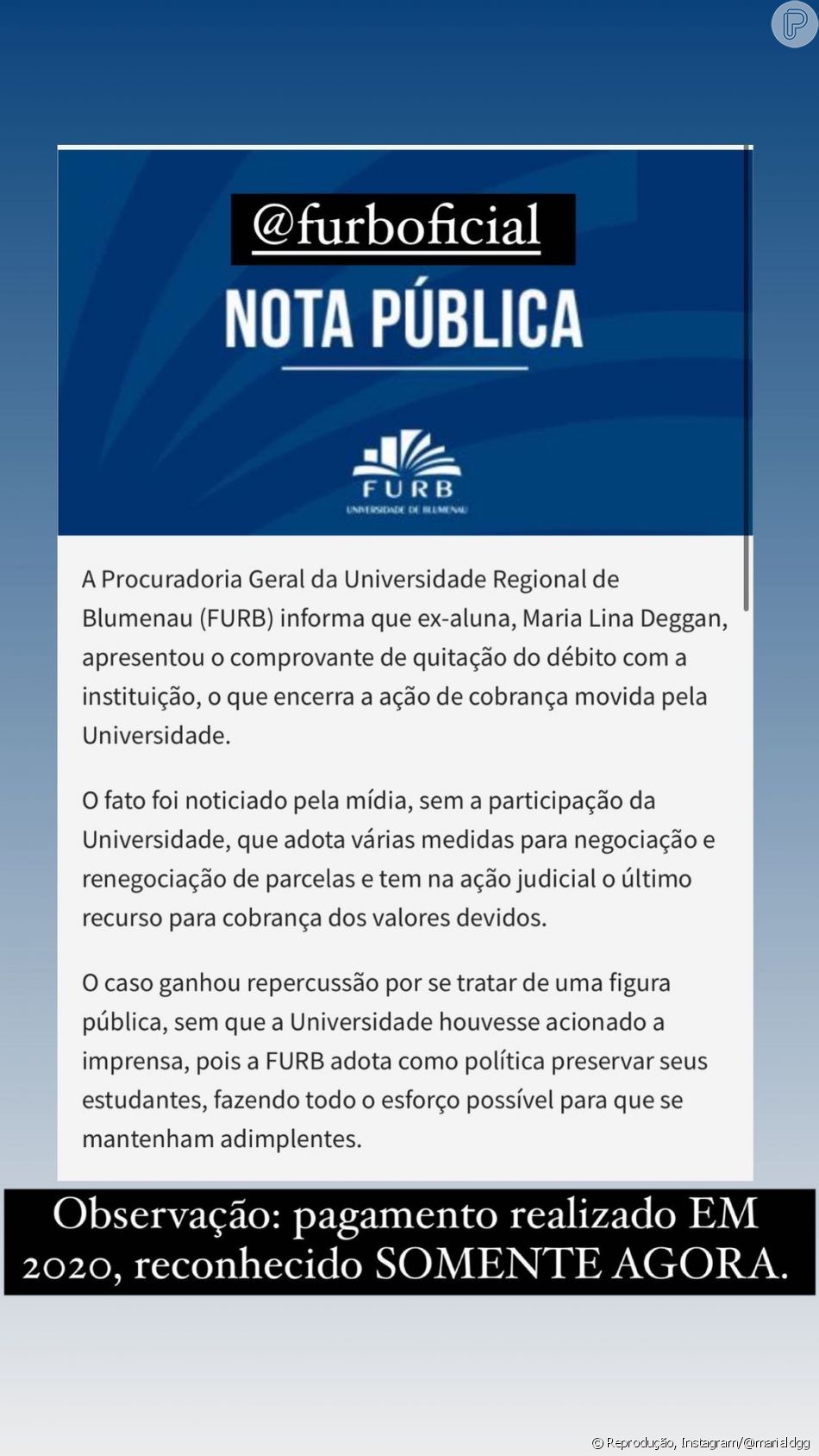 Maria Lina compartilhou post da universidade de Blumenau (SC) após instituição acioná-la na Justiça