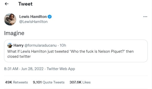 Lewis Hamilton também fez uma provocação a Nelson Piquet no Twitter
