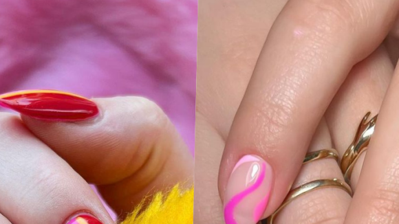 Foto: Unhas cor de rosa com diferentes esmaltes em cada dedo: adicionar  glitter traz um charme extra - Purepeople