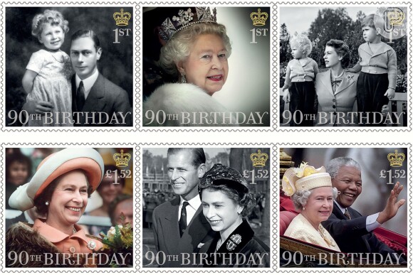 Rainha Elizabeth II em coleção de selos comemorativos em diferentes momentos da vida no ano em que completou 90 anos, em 2016