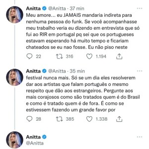 Um dia após o fim do Rock in Rio, Anitta usou as redes sociais para falar sobre o festival
