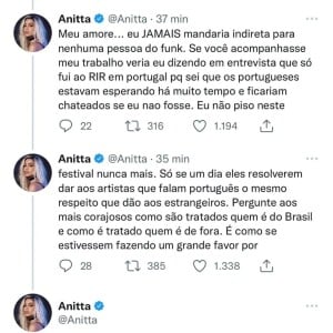 Um dia após o fim do Rock in Rio, Anitta usou as redes sociais para falar sobre o festival