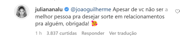 Juliana Nalú reage a comentário de João Guilherme