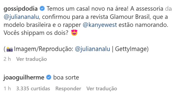 João Guilherme faz comentário irônico sobre o romance de Juliana Nalú e Kanye West 