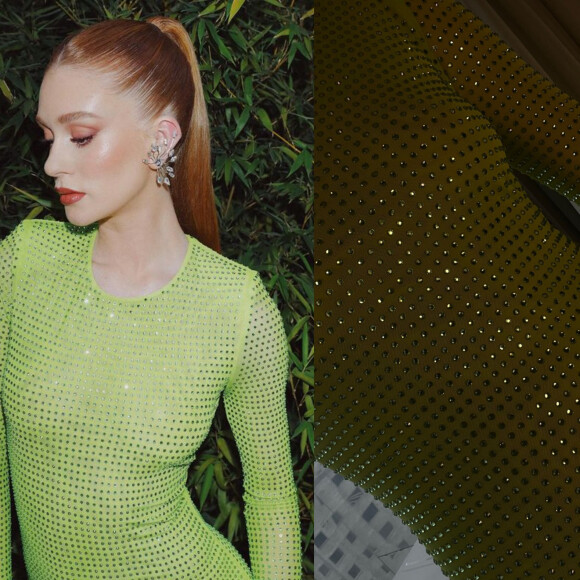 Marina Ruy Barbosa mostrou detalhes do strass cravejado no vestido em suas redes sociais