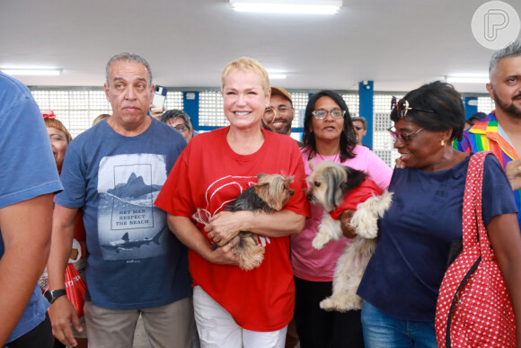 Xuxa Meneghel levou seu cachorrinho de estimação para a votação em colégio do Rio de Janeiro