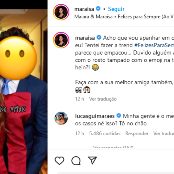 Maraisa tapou o rosto de Fernando Zor com um emoji: 'Duvido alguém adivinhar quem é que está com o rosto tampado com o emoji na trend, desafio difícil esse, hein?'