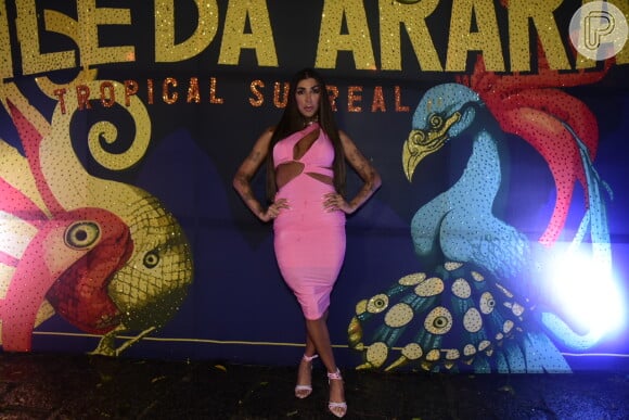 A cantora Pepita usou vestido rosa midi com recortes no baile do Arara