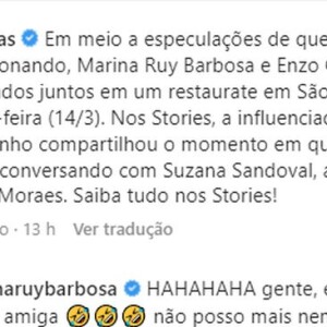 Marina Ruy Barbosa respondeu a prublicação de Léo Dias, que sugeria que ela evitou aparecer com Enzo em um vídeo