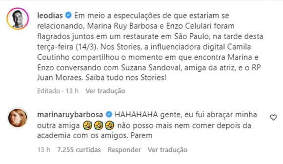 Marina Ruy Barbosa respondeu a prublicação de Léo Dias, que sugeria que ela evitou aparecer com Enzo em um vídeo