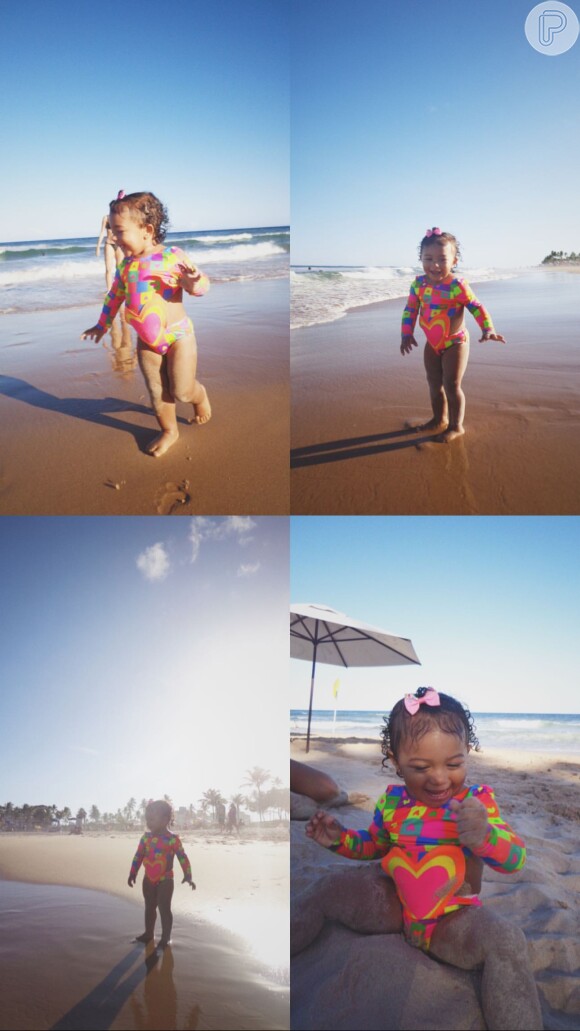 Liz, filha de Lorena Improta e Léo Santana, esbanjou fofura na praia