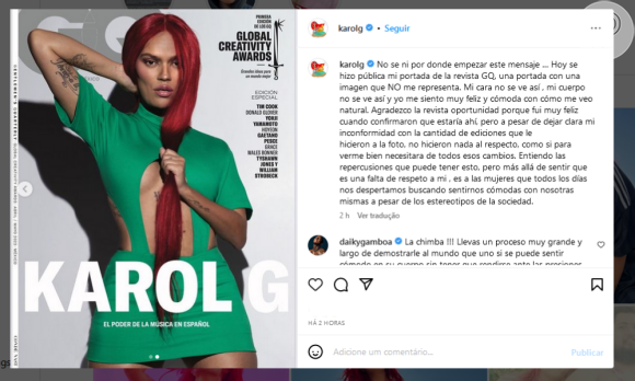 Karol G teve o formato do rosto e do corpo alterados por Photoshop, de modo que tornou sua figura irreconhecível