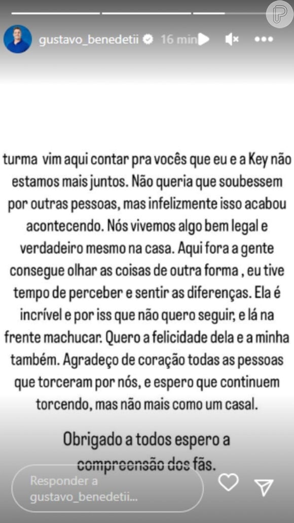 Gustavo foi o primeiro se pronunciar a respeito do término com Key Alves após notícia vir à tona