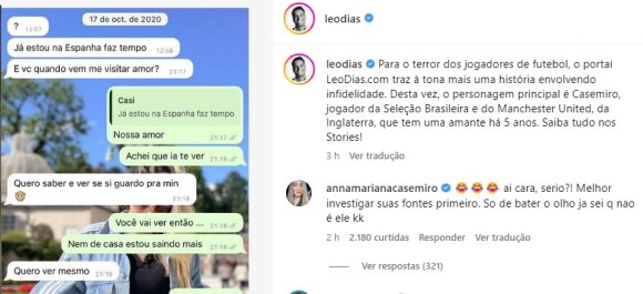 Mulher de Casemiro, Anna Mariana saiu em defesa do atleta no Instagram de Leo Dias