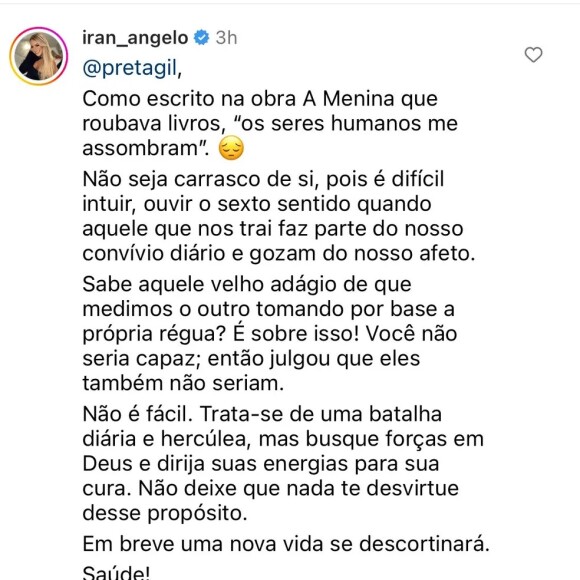 Iran Ângelo declarou apoio à Preta Gil