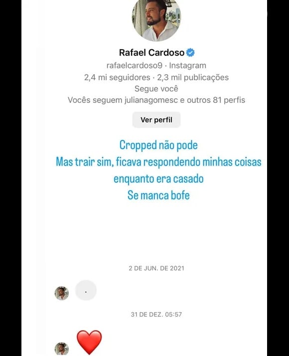 Taynara Nunes compartilhou um print de um flerte de Rafael Cardoso