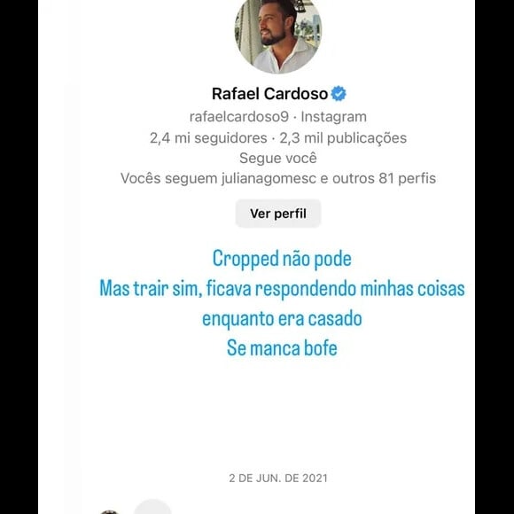 Taynara Nunes compartilhou um print de um flerte de Rafael Cardoso