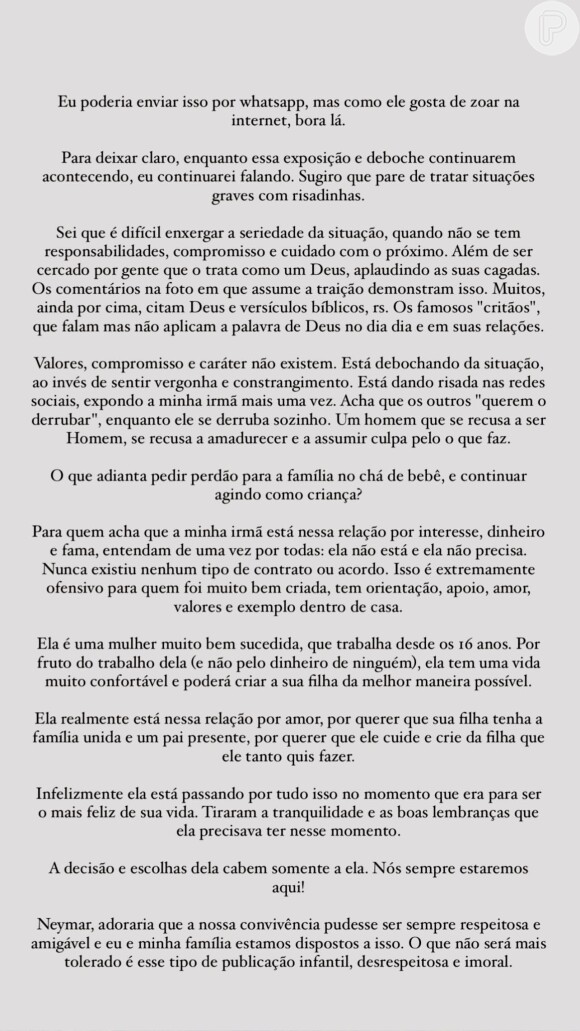 Irmã de Bruna Biancardi publicou uma carta aberta a Neymar