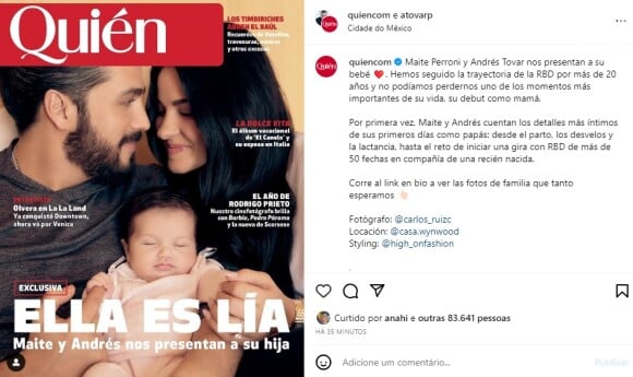 Maite Perroni e Andrés Tovar estamparam a capa da revista mexicana Quién revelando o rostinho de Lía, filha do casal.