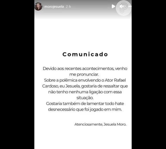 Diante das críticas que ela passou a receber, Jesuela Moro postou um comunicado negando ser a pessoa envolvida na polêmica de Rafael Cardoso.