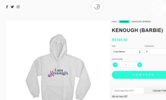 Comprar moletom 'I am Kenough' no Brasil: o site brasileiro Moon Pix vende com tecido branco ou cinza. O casaco pode ser comprado por R$ 189,90 mais o frete