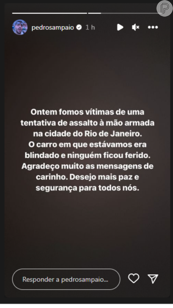 Pedro Sampaio após tentativa de assalto à mão armada: 'Desejo mais paz e segurança para todos nós'