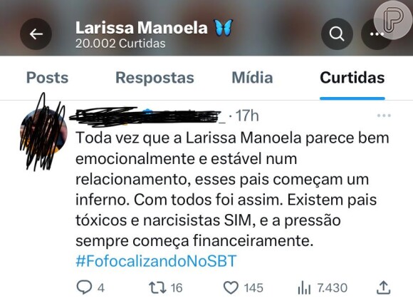 Larissa Manoela deu like em post que dizia: 'Existem pais tóxicos e narcisistas sim, e a pressão sempre começa financeiramente'