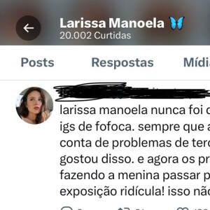 'Larissa Manoela nunca foi de aparecer em Instagram de fofoca. E agora os próprios pais estão fazendo a menina passar por essa exposição ridícula!', diz outro tweet
