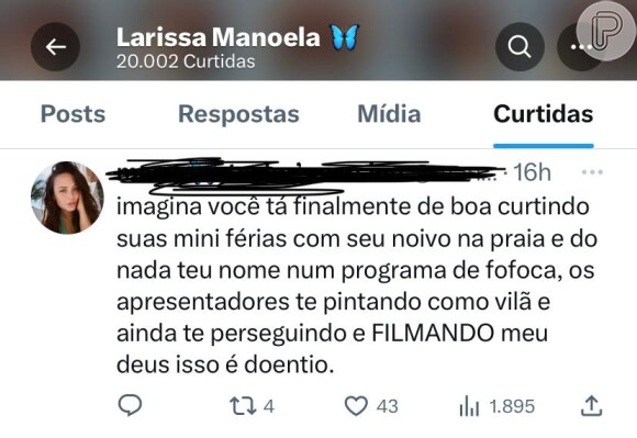 Larissa Manoela curtiu tweet que criticava o 'Fofocalizando': 'Os apresentadores te pintando como vilã e ainda te perseguindo e filmando'