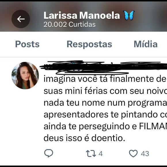 Larissa Manoela curtiu tweet que criticava o 'Fofocalizando': 'Os apresentadores te pintando como vilã e ainda te perseguindo e filmando'