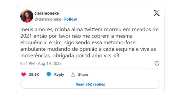 Clara Moneke justificou os posts antigos sobre Anitta e outros famosos