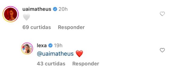 Lexa e Matheus Lisboa comentaram emojis de coração nas mais recentes publicações do Instagram