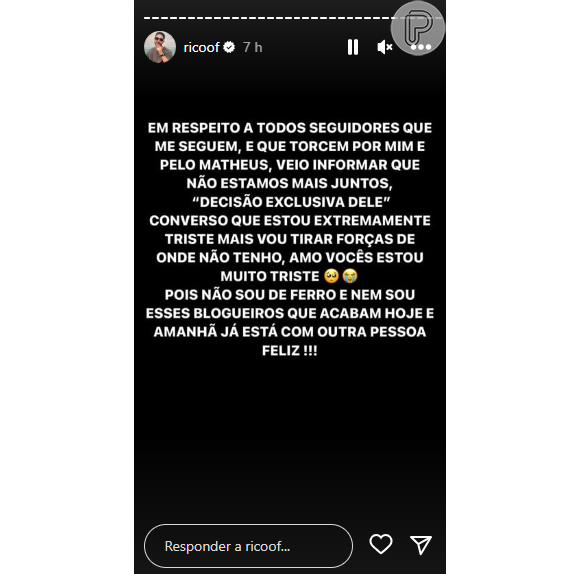 Rico Melquiades publica o anúncio do fim do seu noivado com Matheus Freire no Instagram