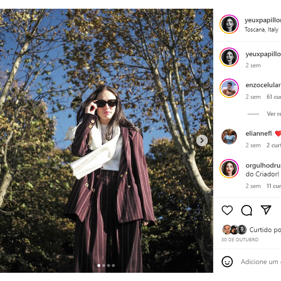 Enzo Celulari geralmente é uma figura carimbada nas publicações de Isabelle Drummond no Instagram: 'Chic'