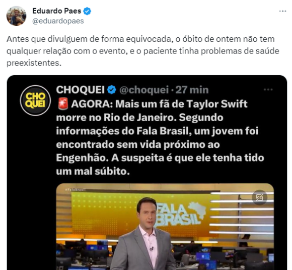 O programa 'Fala Brasil' divulgou que uma suposta terceira morte de um fã de Taylor Swift aconteceu na última segunda (20) só que o prefeito do Rio desmentiu