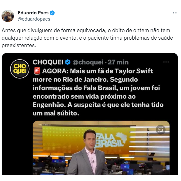 O programa 'Fala Brasil' divulgou que uma suposta terceira morte de um fã de Taylor Swift aconteceu na última segunda (20) só que o prefeito do Rio desmentiu