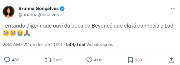Mulher de Ludmilla, Brunna Gonçalves entrega que Beyoncé conhecia a existência de Ludmilla